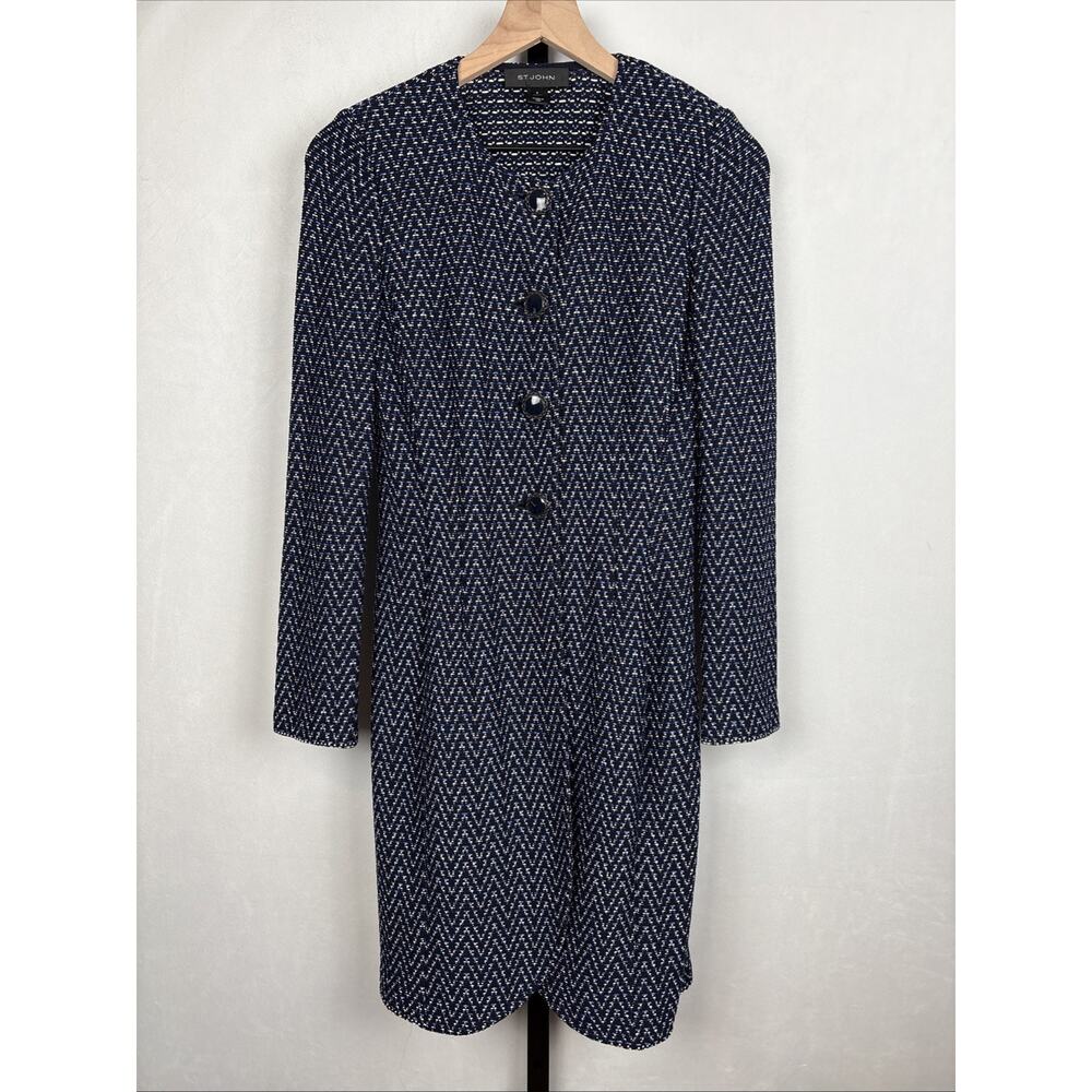 St. John Tweed Knit Long Duster Jacket Womens 2 Blue Black Timeless Quiet Luxury